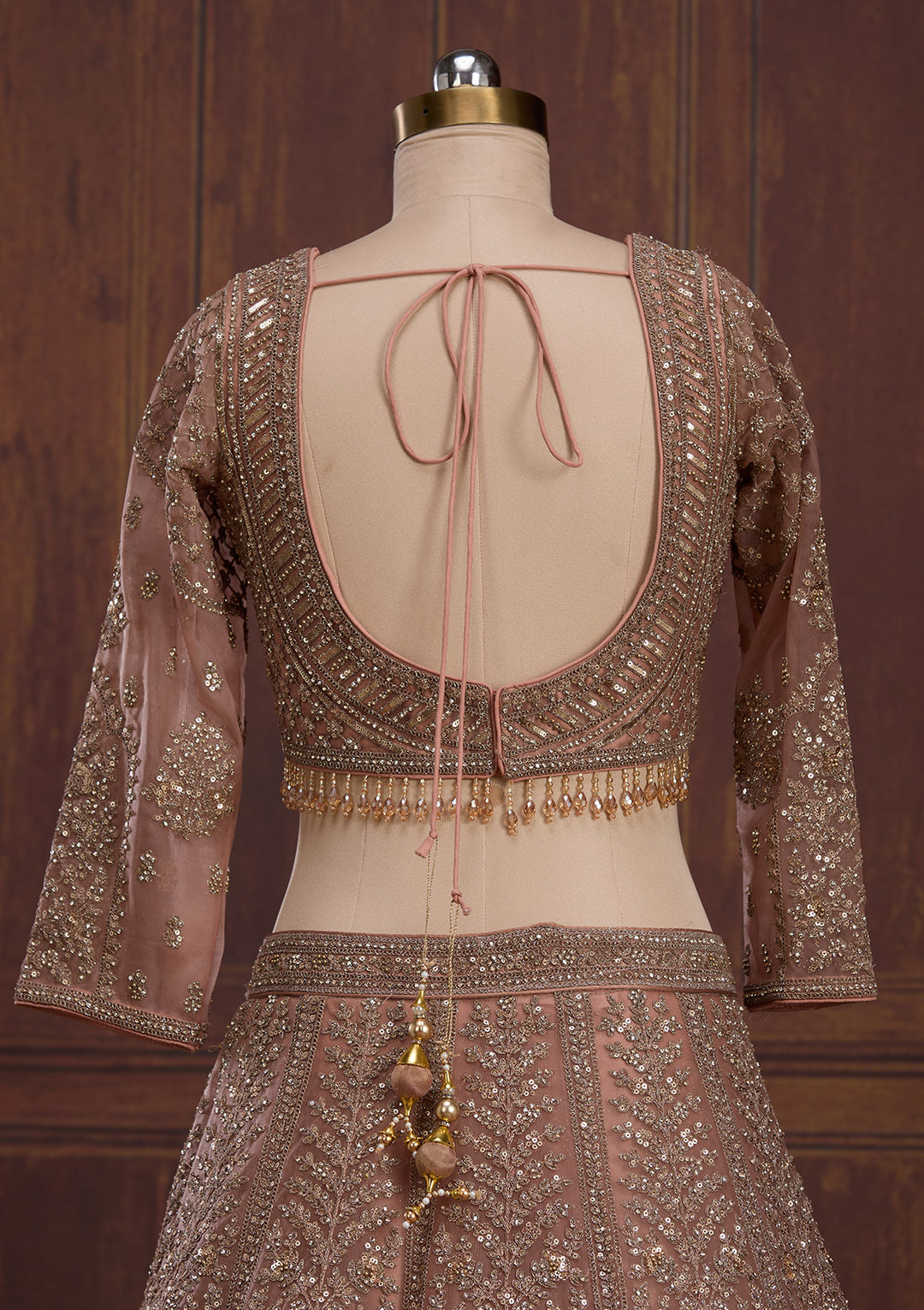 Peach Cording Net Readymade Lehenga