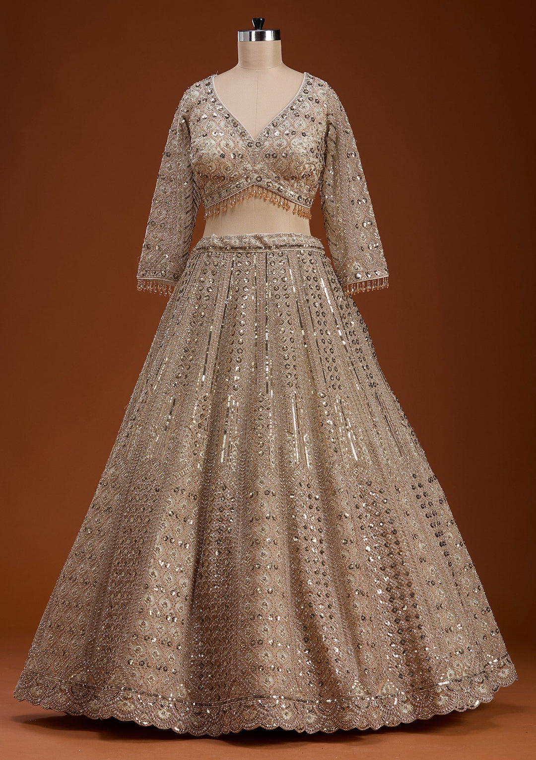 Cream Zariwork (Gold) Net Readymade Lehenga
