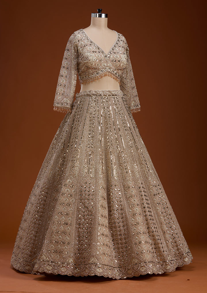 Cream Zariwork (Gold) Net Readymade Lehenga