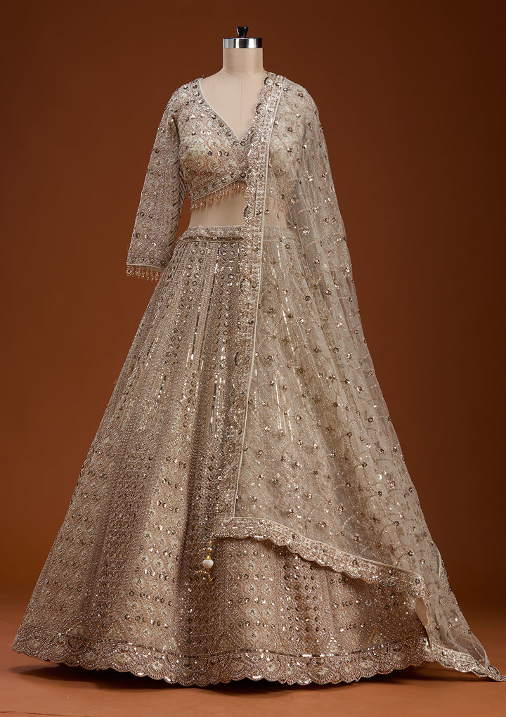 Cream Zariwork (Gold) Net Readymade Lehenga