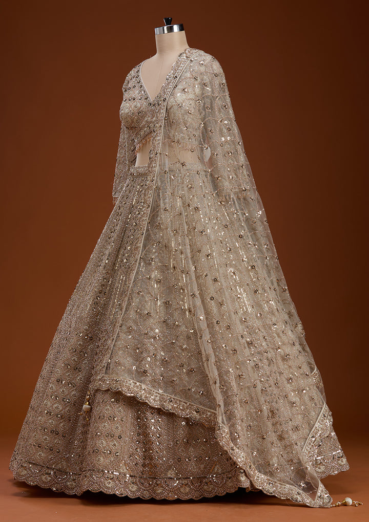 Cream Zariwork (Gold) Net Readymade Lehenga