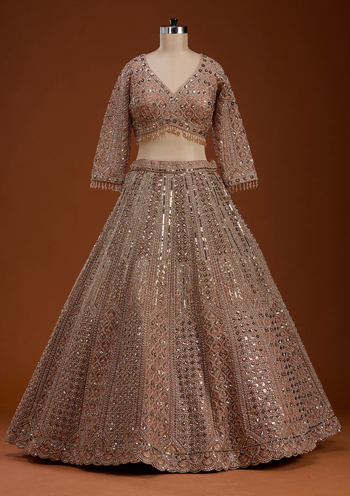 Light Peach Zariwork (Gold) Net Readymade Lehenga