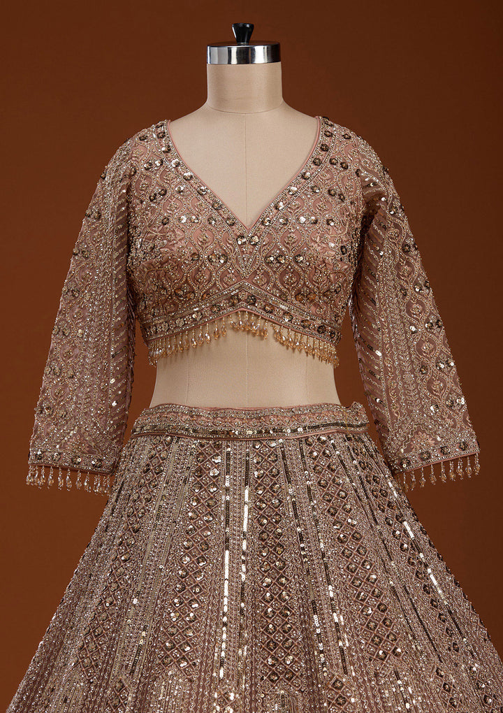 Light Peach Zariwork (Gold) Net Readymade Lehenga