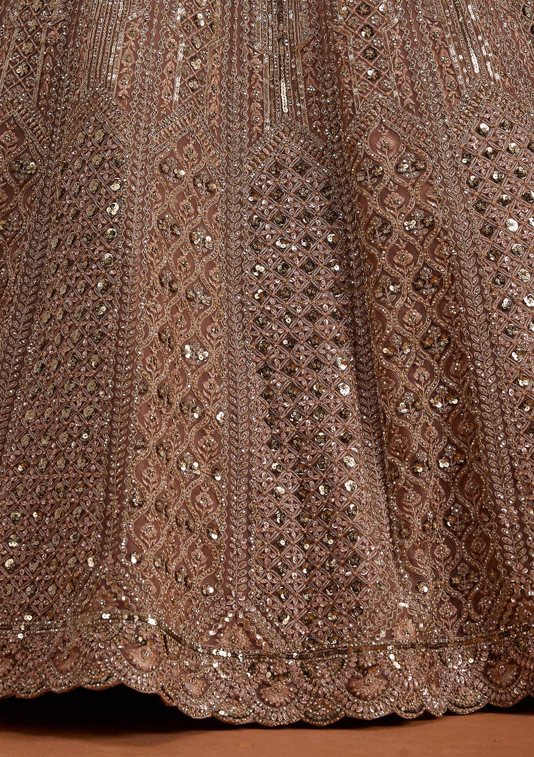 Light Peach Zariwork (Gold) Net Readymade Lehenga