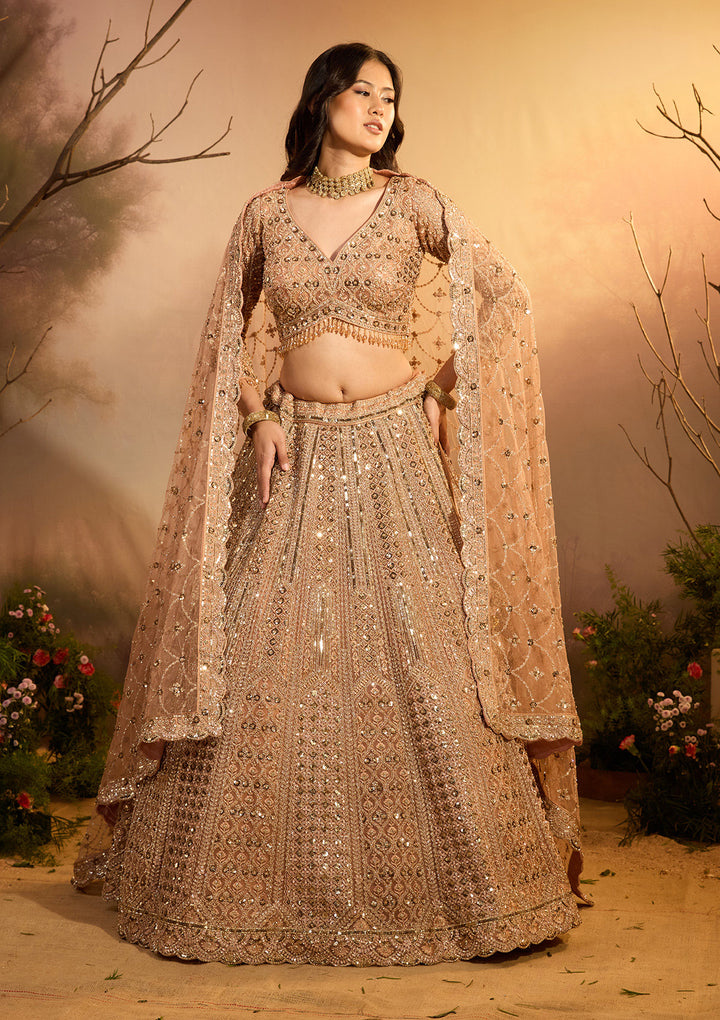 Light Peach Zariwork (Gold) Net Readymade Lehenga