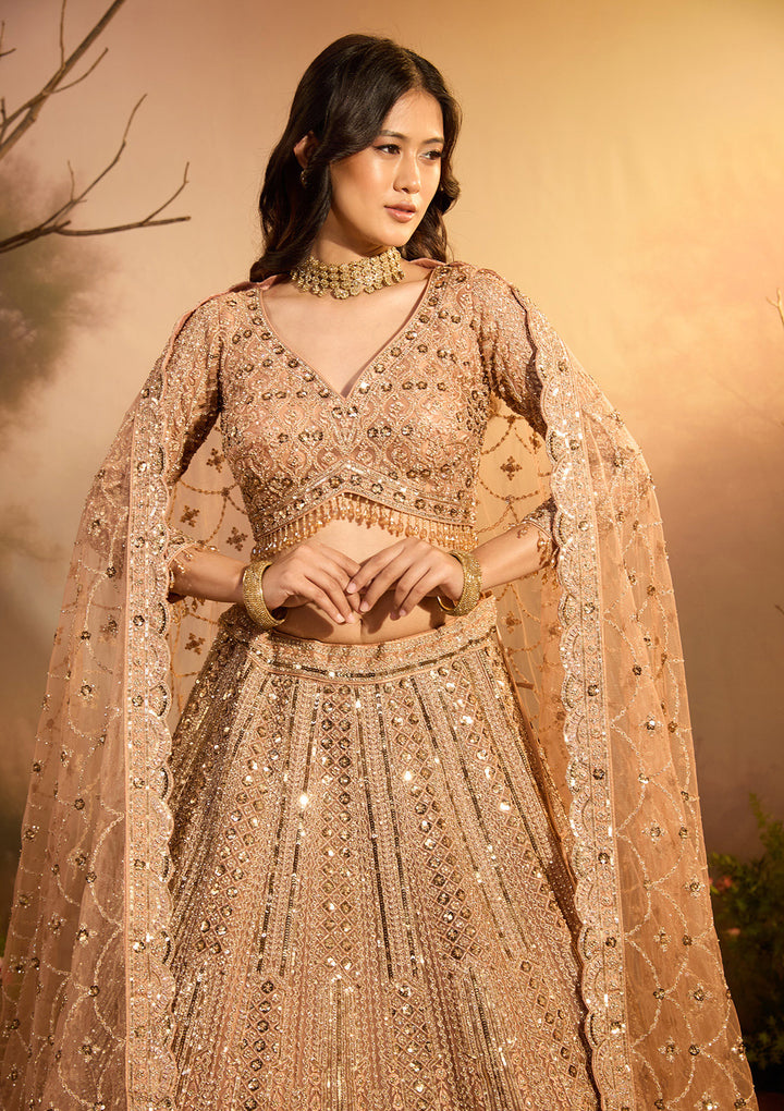 Light Peach Zariwork (Gold) Net Readymade Lehenga
