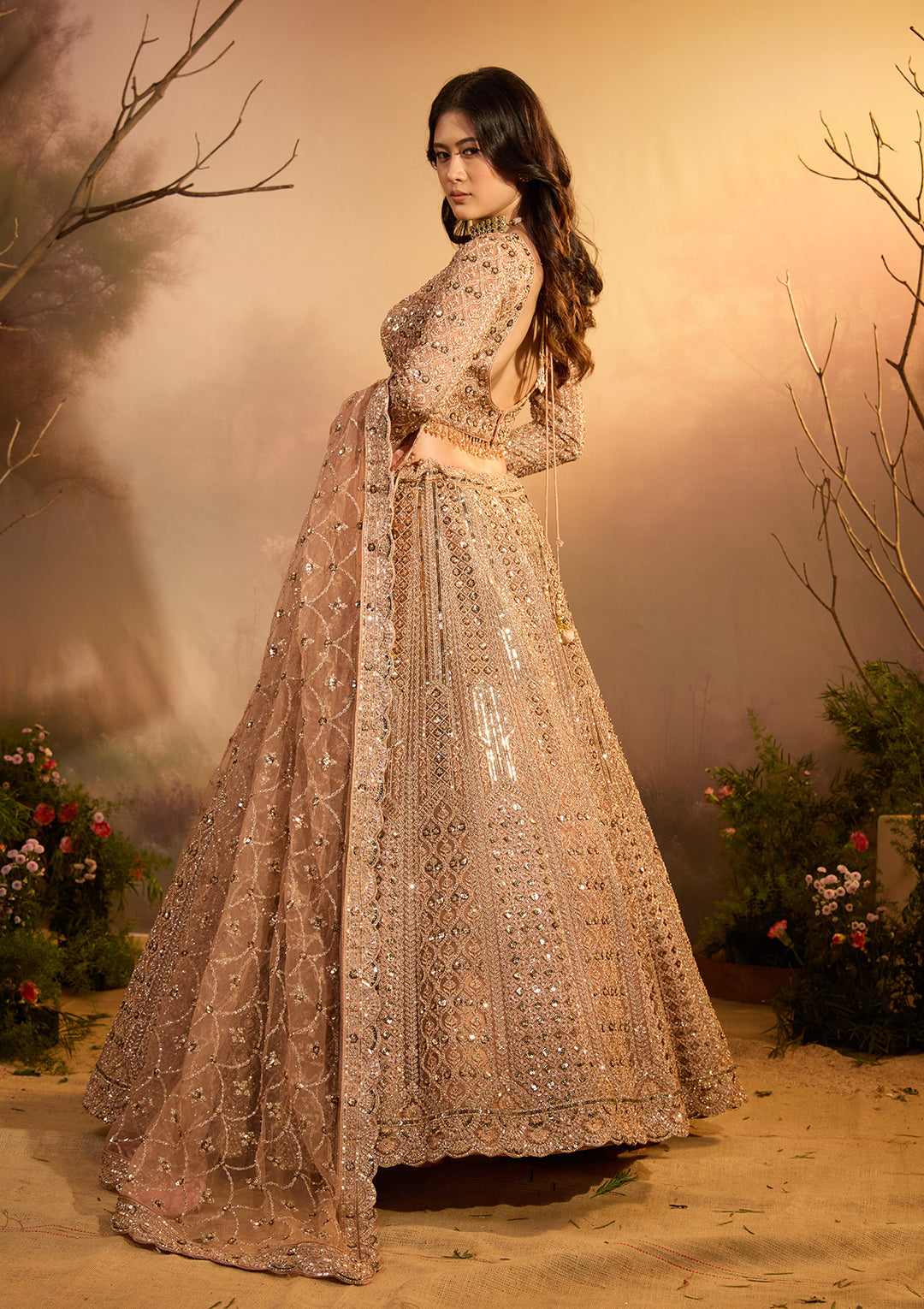 Light Peach Zariwork (Gold) Net Readymade Lehenga