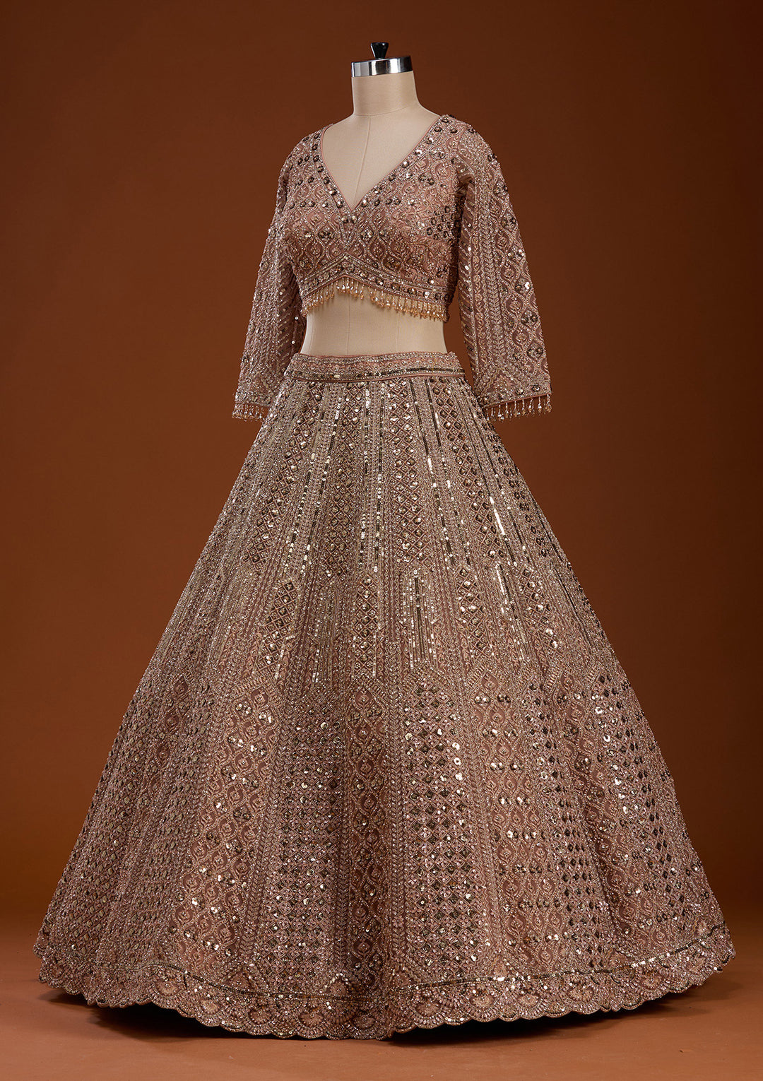 Light Peach Zariwork (Gold) Net Readymade Lehenga