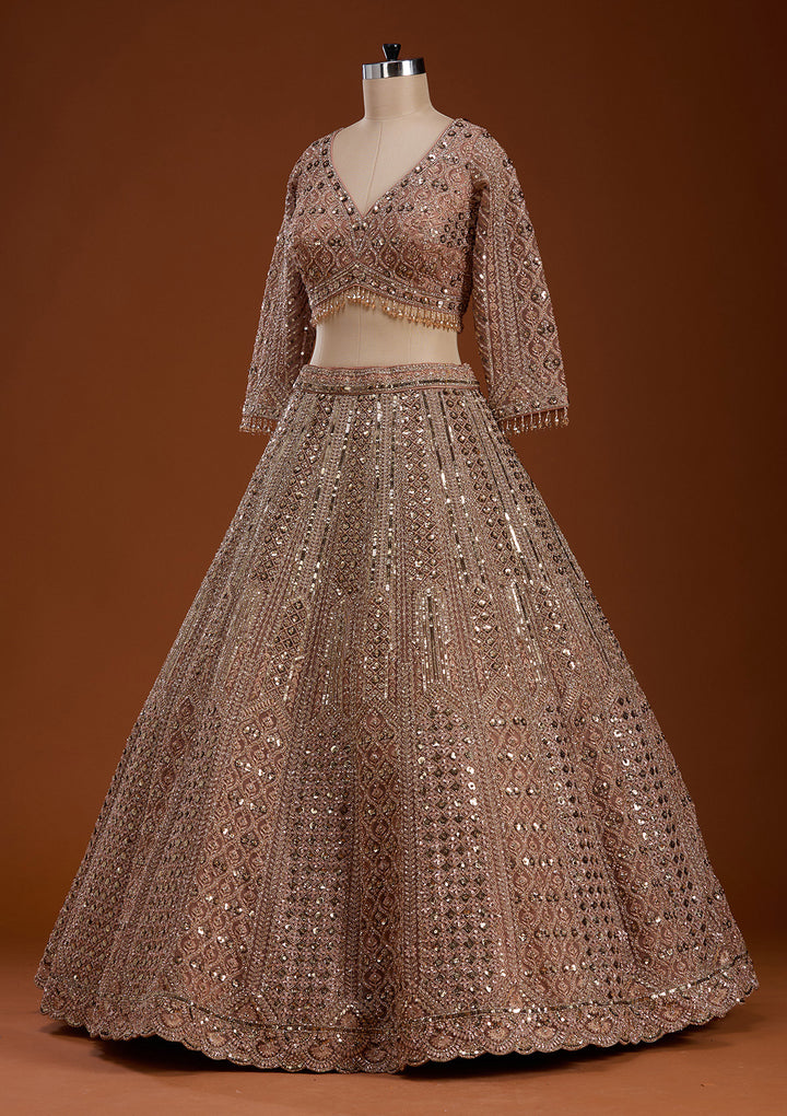 Light Peach Zariwork (Gold) Net Readymade Lehenga