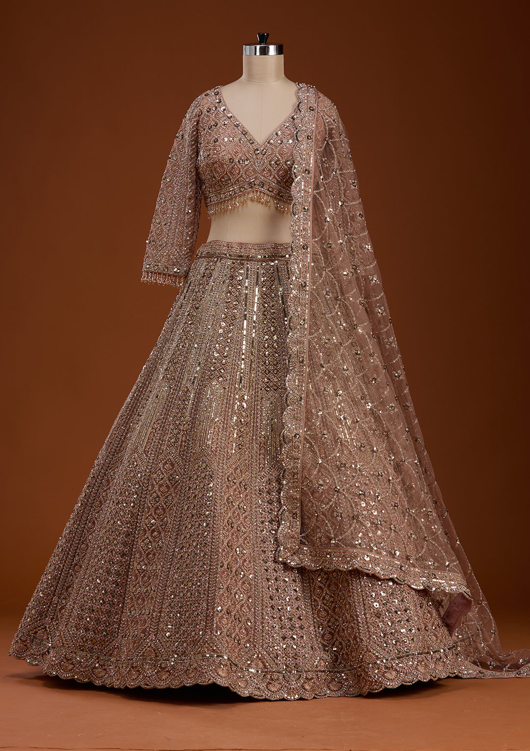 Light Peach Zariwork (Gold) Net Readymade Lehenga