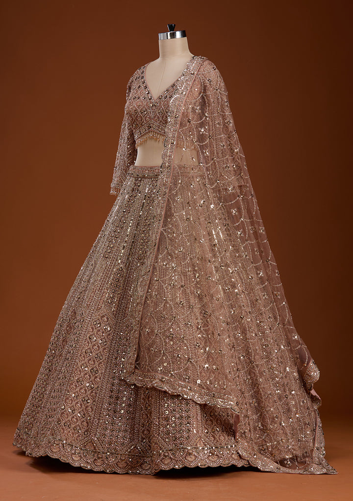 Light Peach Zariwork (Gold) Net Readymade Lehenga
