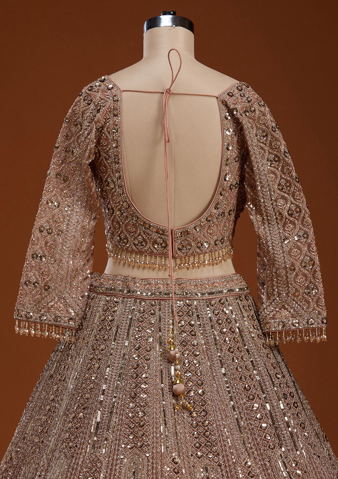 Light Peach Zariwork (Gold) Net Readymade Lehenga