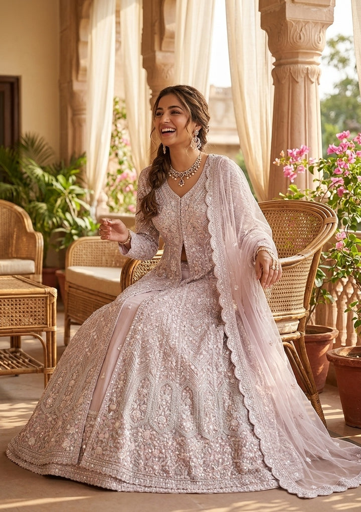 Baby Pink Zariwork (Silver) Net Readymade Lehenga