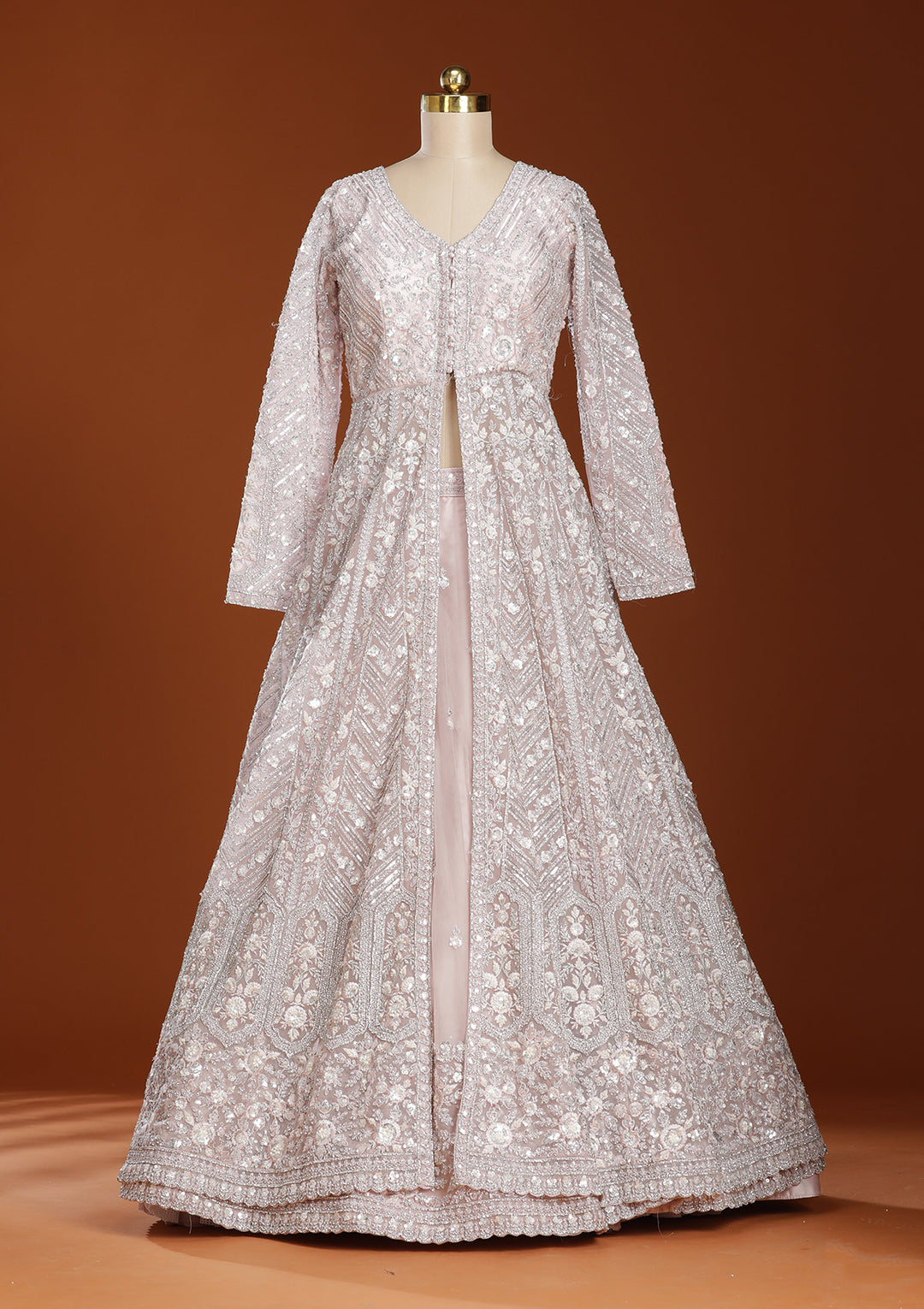 Baby Pink Zariwork (Silver) Net Readymade Lehenga