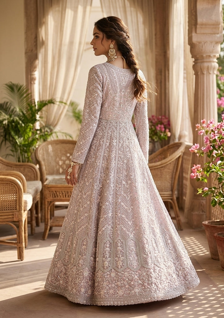 Baby Pink Zariwork (Silver) Net Readymade Lehenga