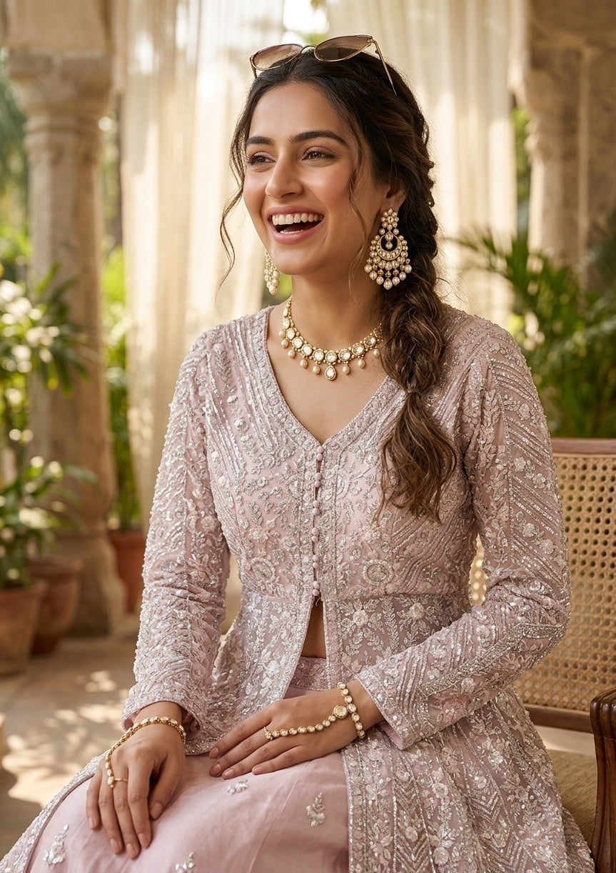Baby Pink Zariwork (Silver) Net Readymade Lehenga
