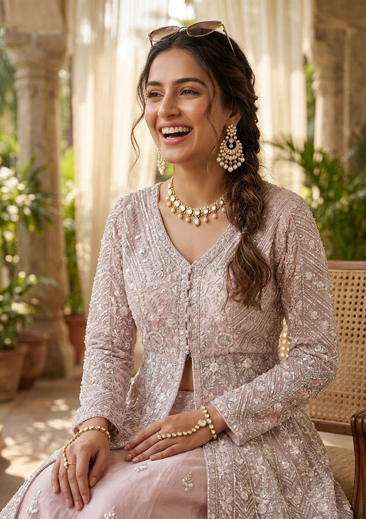 Baby Pink Zariwork (Silver) Net Readymade Lehenga