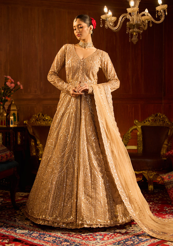 Beige Sequins Net Readymade Lehenga