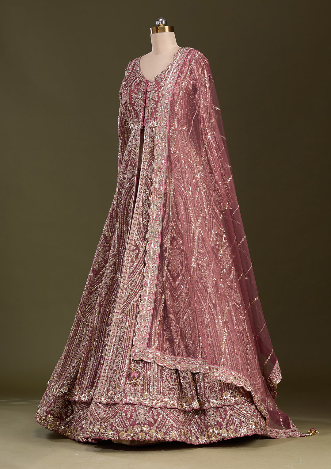 Onion Pink Sequins Net Readymade Lehenga