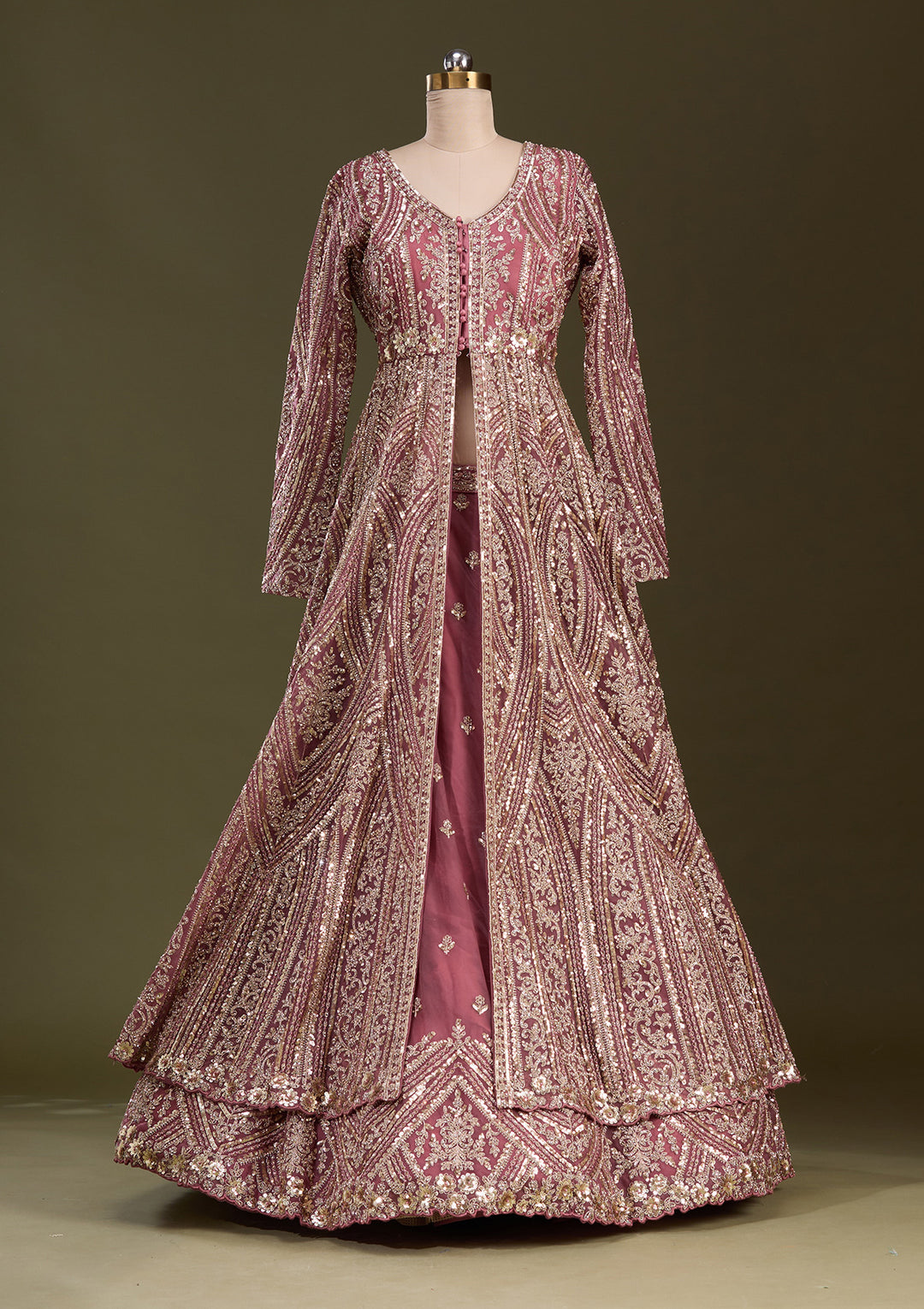 Onion Pink Sequins Net Readymade Lehenga