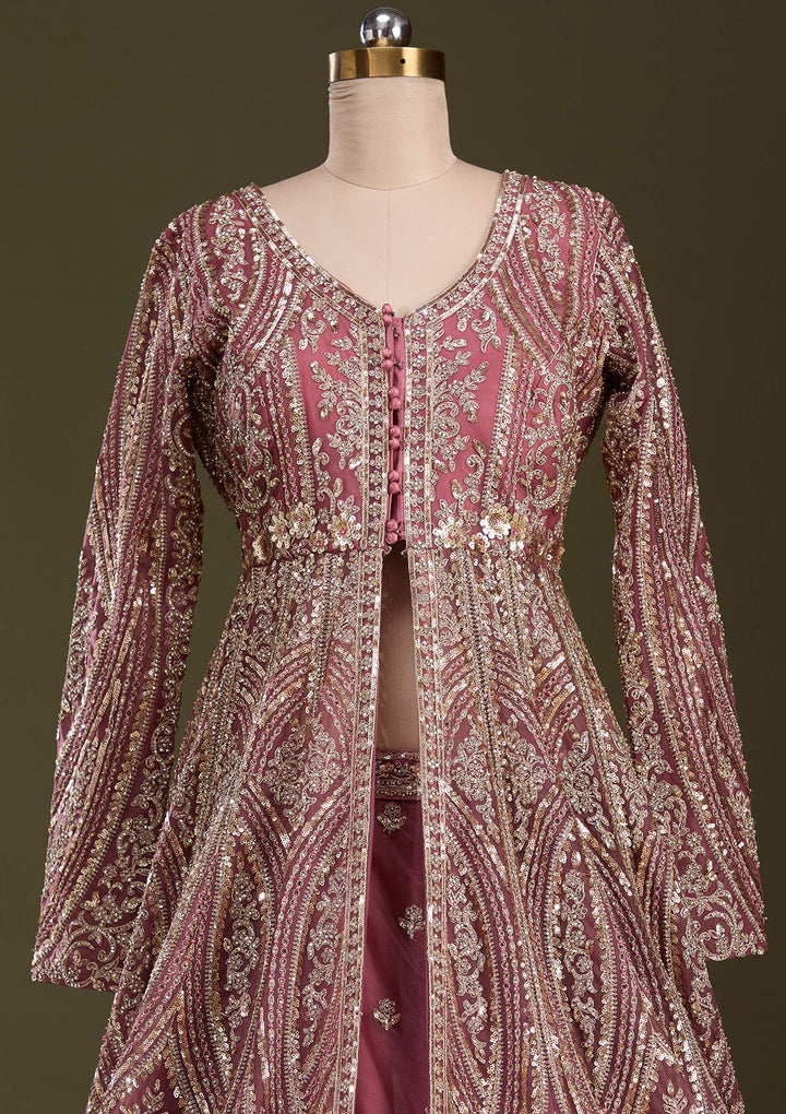 Onion Pink Sequins Net Readymade Lehenga