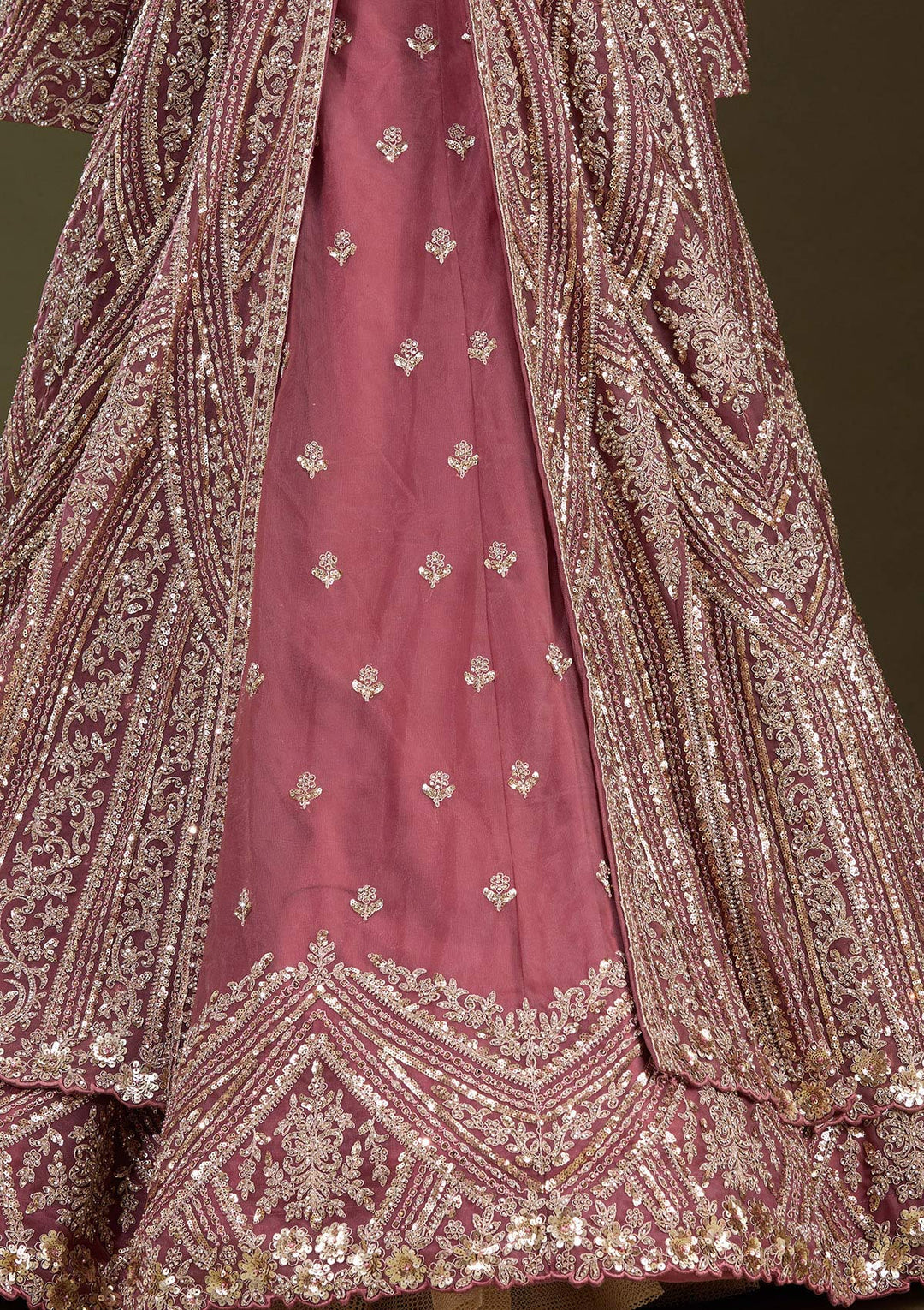 Onion Pink Sequins Net Readymade Lehenga