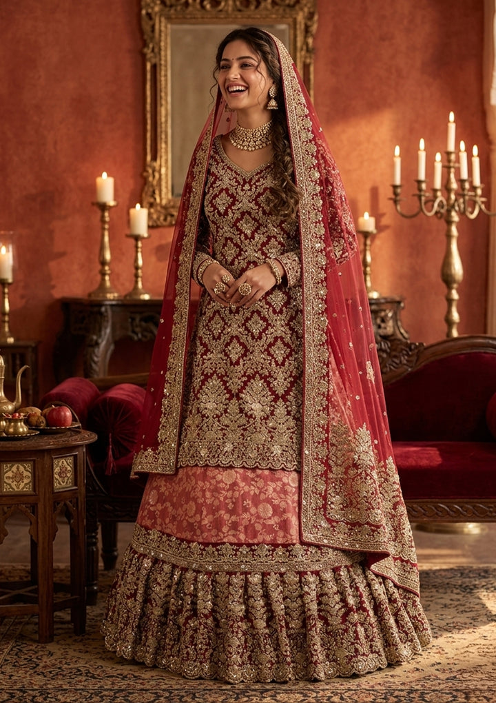 Red Cording Dola Silk Readymade Lehenga