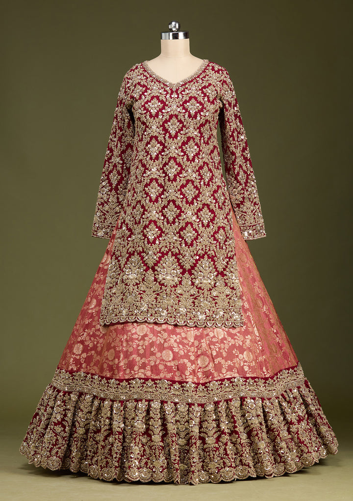 Red Cording Dola Silk Readymade Lehenga