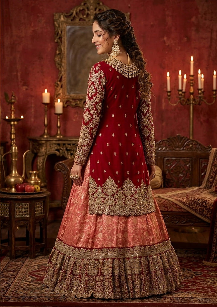 Red Cording Dola Silk Readymade Lehenga