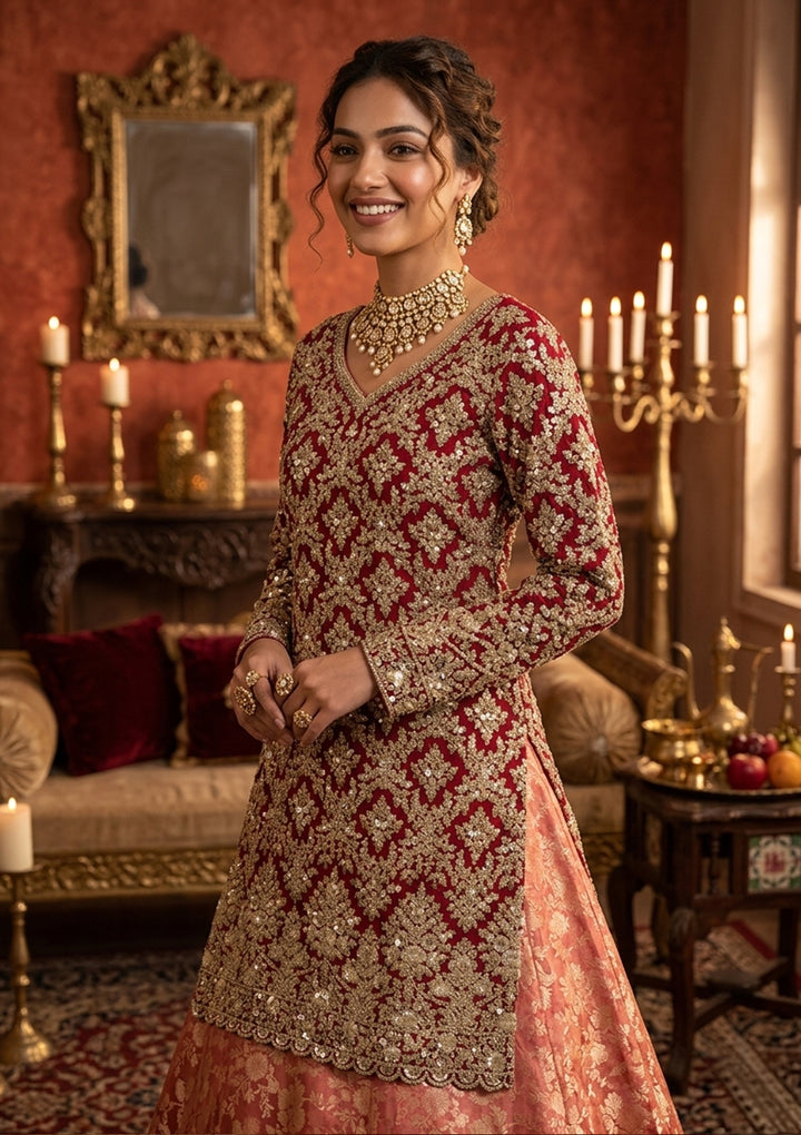 Red Cording Dola Silk Readymade Lehenga