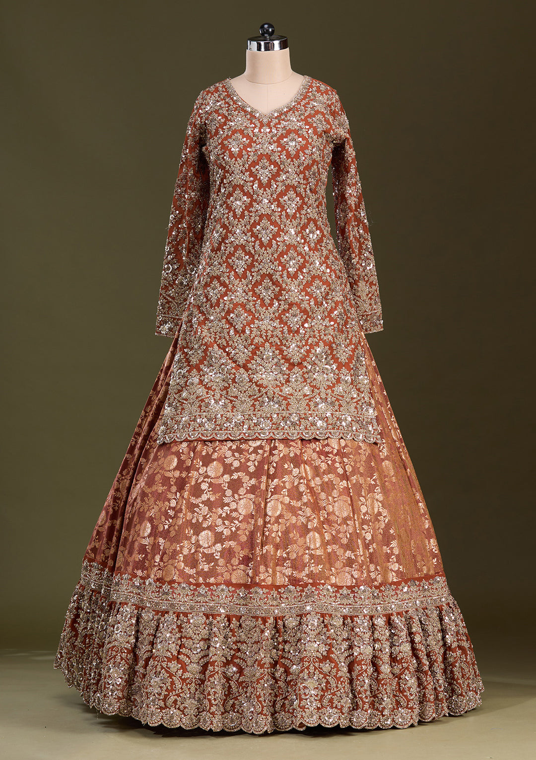 Rust Cording Georgette Readymade Lehenga