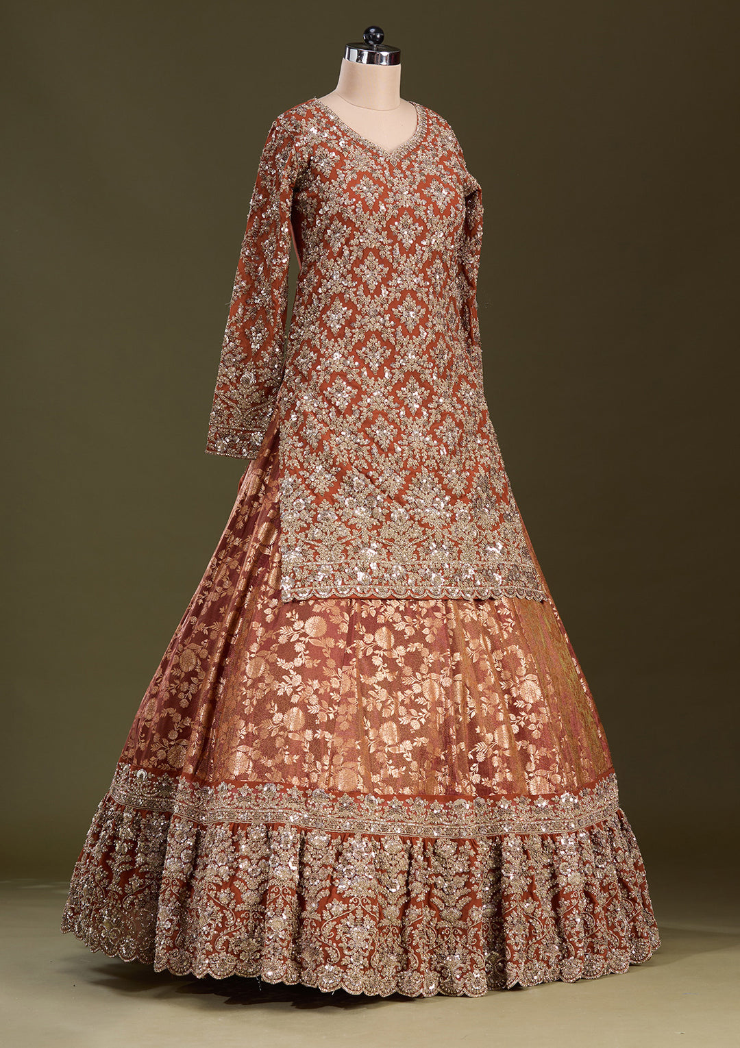 Rust Cording Georgette Readymade Lehenga