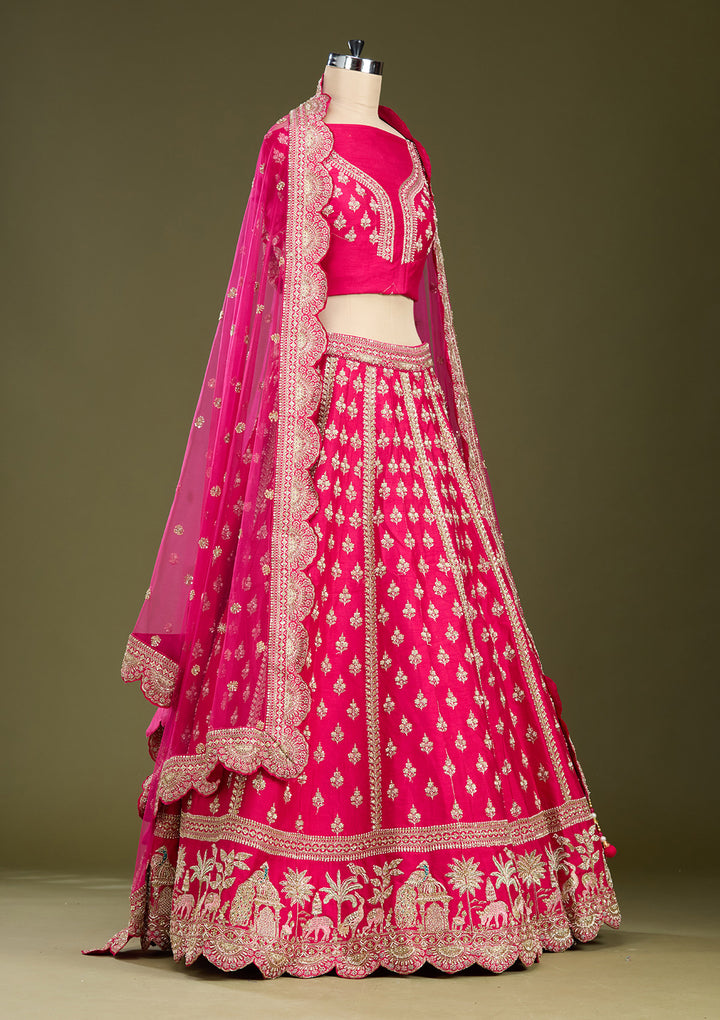 Rani Pink Zardozi (Gold) Raw Silk Readymade Lehenga
