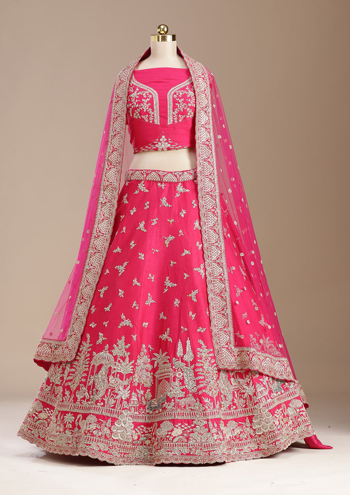 Rani Pink Zardozi (Gold) Raw Silk Semi-Stitched Lehenga