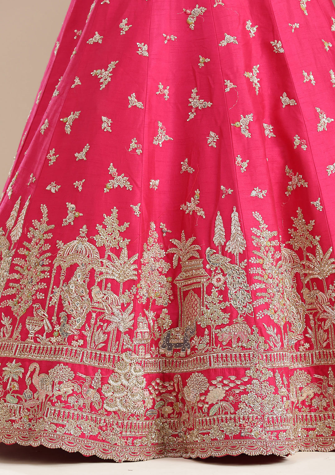 Rani Pink Zardozi (Gold) Raw Silk Semi-Stitched Lehenga