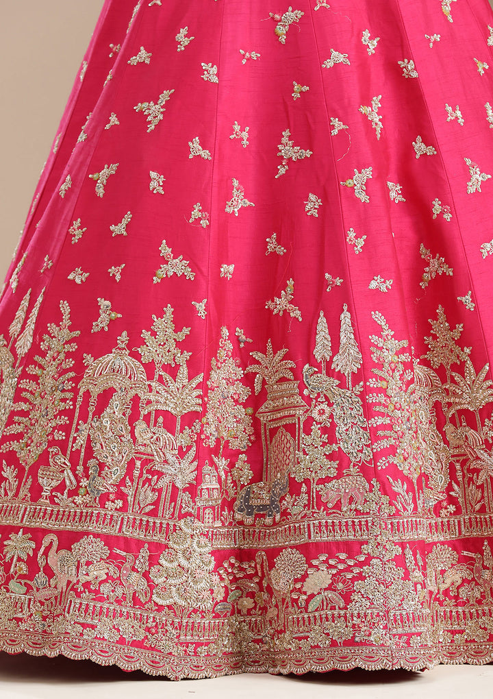 Rani Pink Zardozi (Gold) Raw Silk Semi-Stitched Lehenga