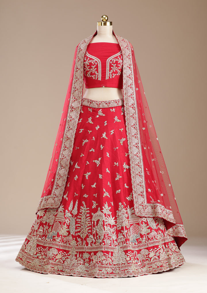 Red Zardozi (Gold) Raw Silk Semi-Stitched Lehenga