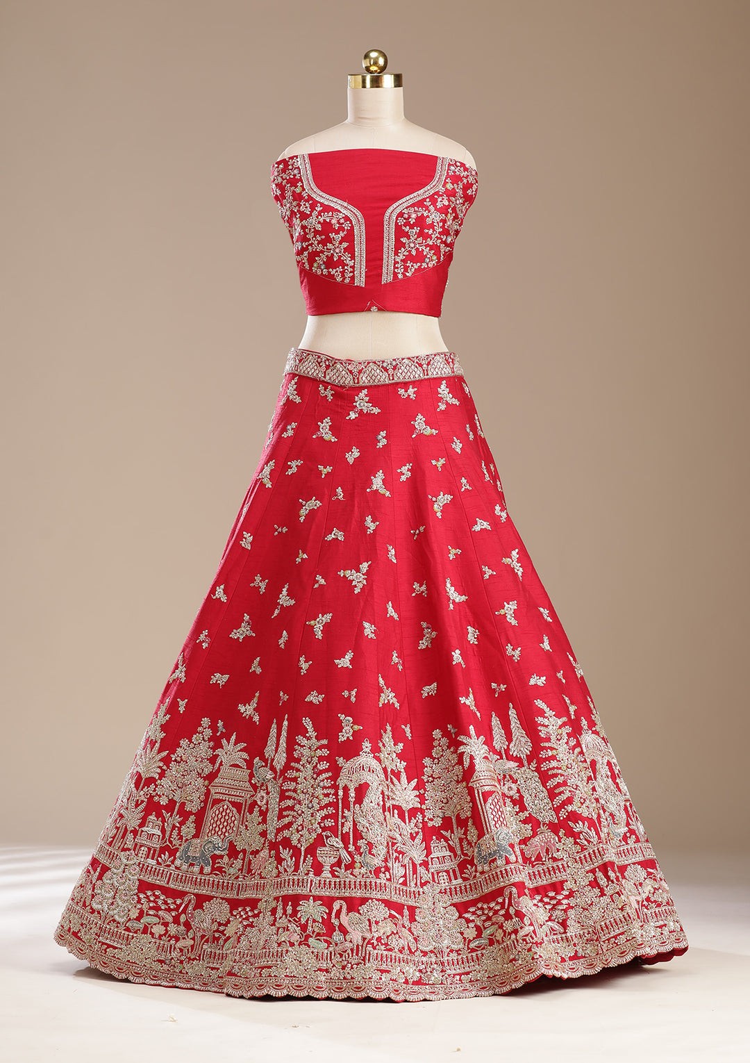 Red Zardozi (Gold) Raw Silk Semi-Stitched Lehenga