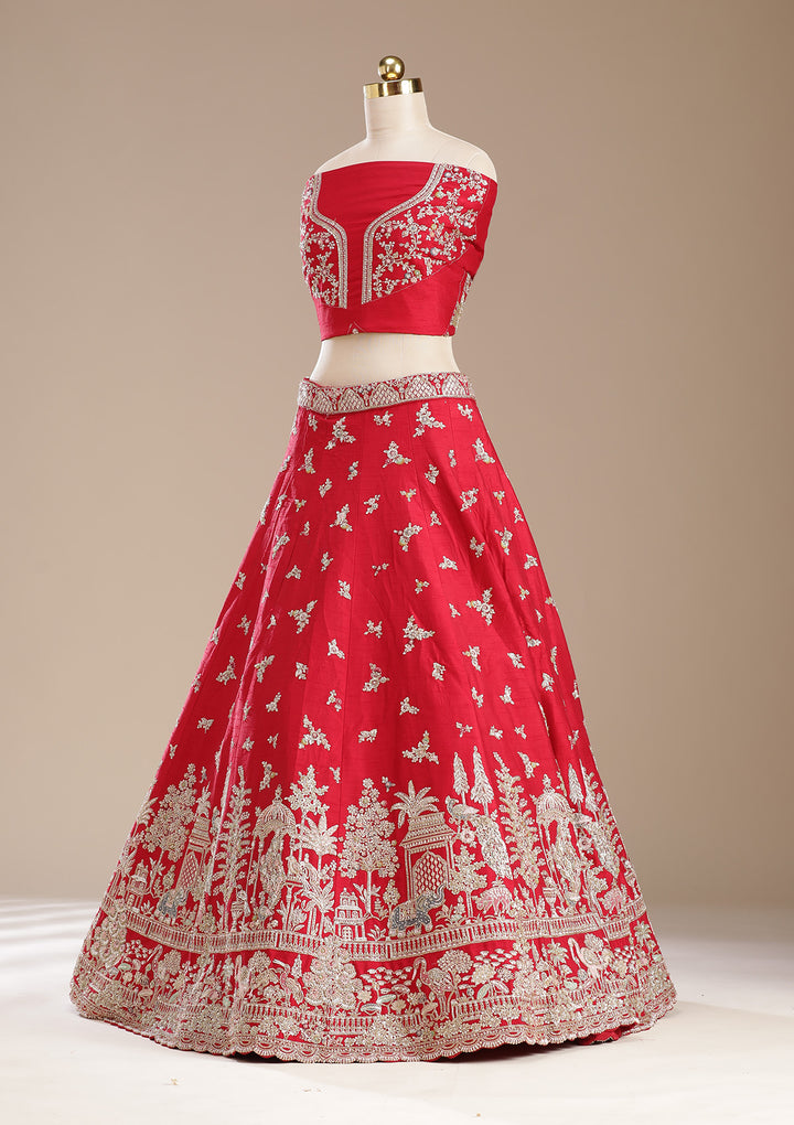 Red Zardozi (Gold) Raw Silk Semi-Stitched Lehenga
