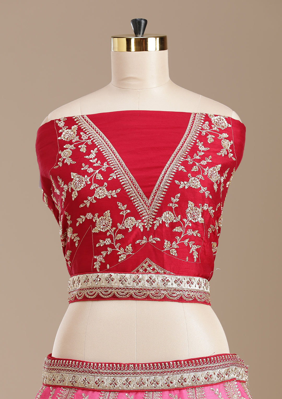 Rani Pink Zardozi (Gold) Raw Silk Semi-Stitched Lehenga