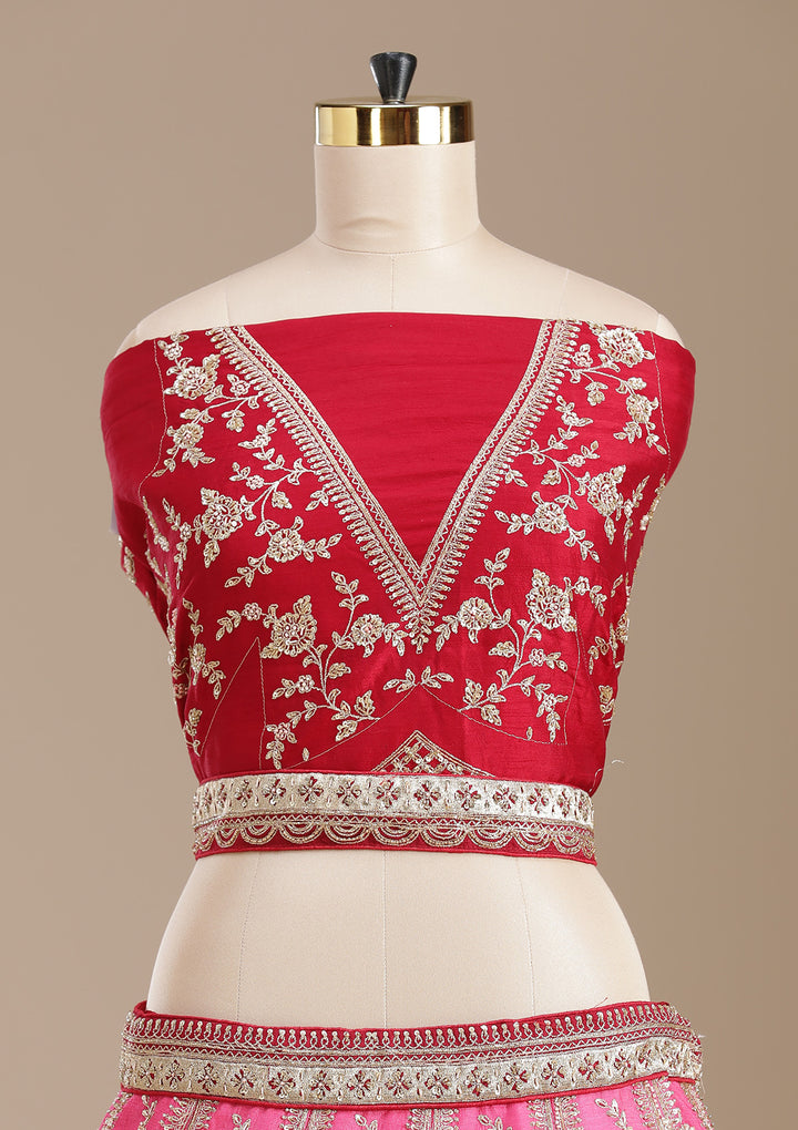 Rani Pink Zardozi (Gold) Raw Silk Semi-Stitched Lehenga