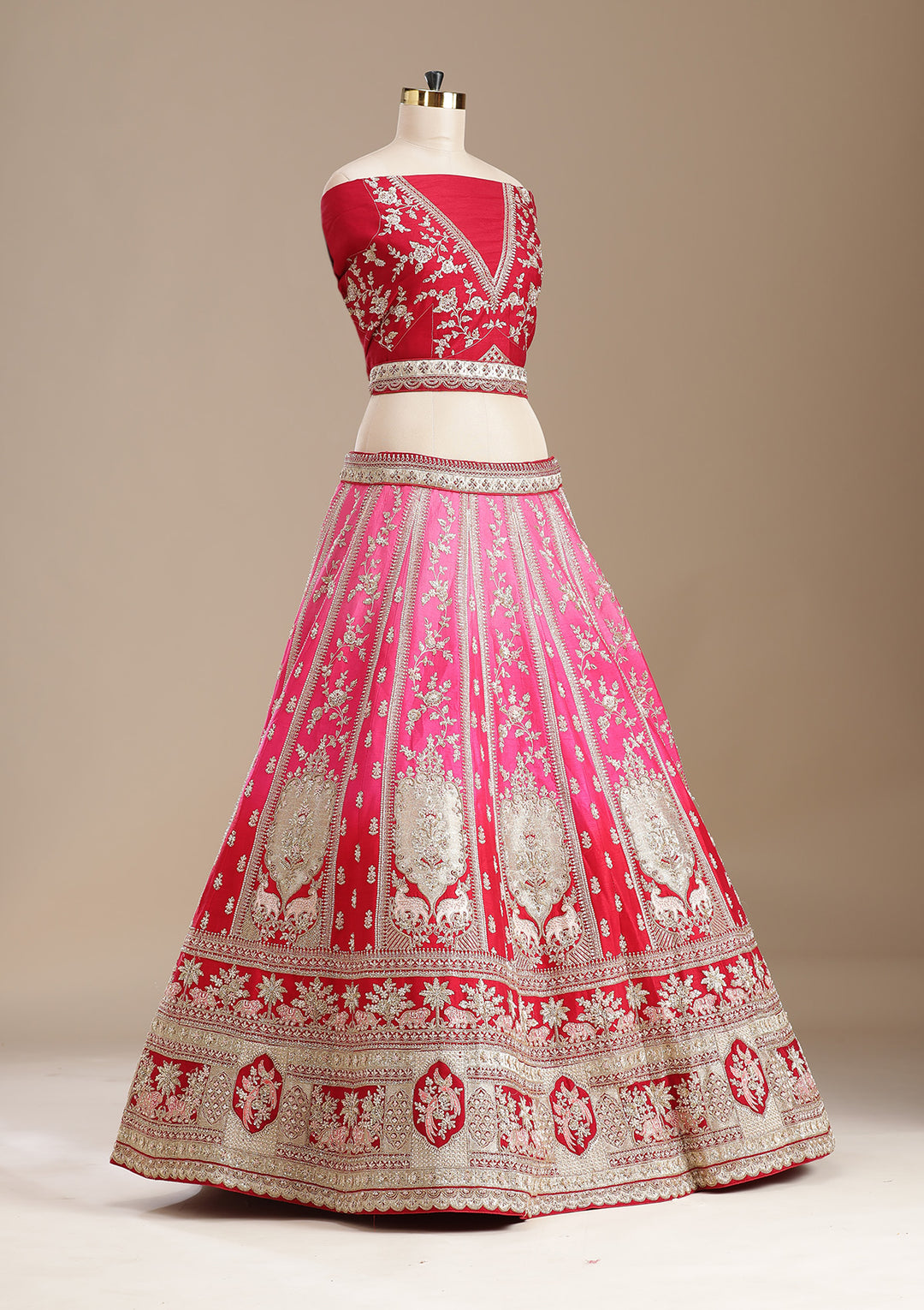 Rani Pink Zardozi (Gold) Raw Silk Semi-Stitched Lehenga
