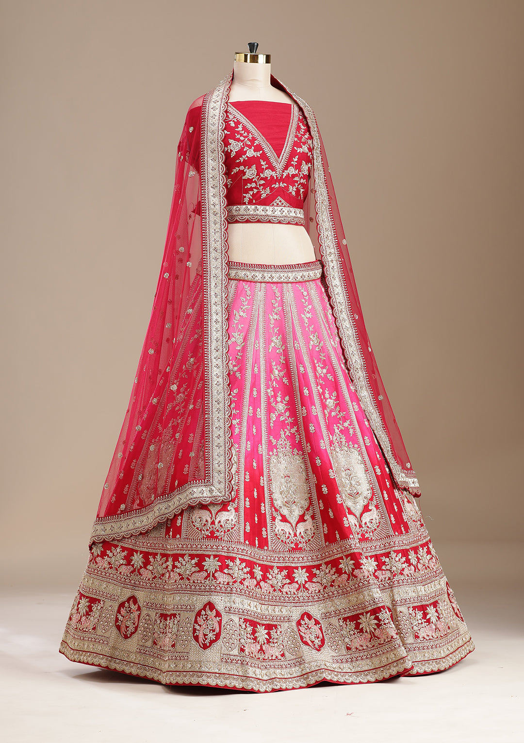 Rani Pink Zardozi (Gold) Raw Silk Semi-Stitched Lehenga