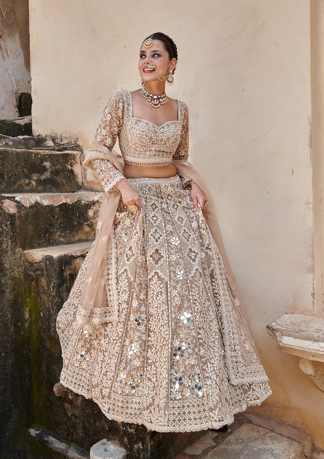 Beige Mirrorwork Net Readymade Lehenga