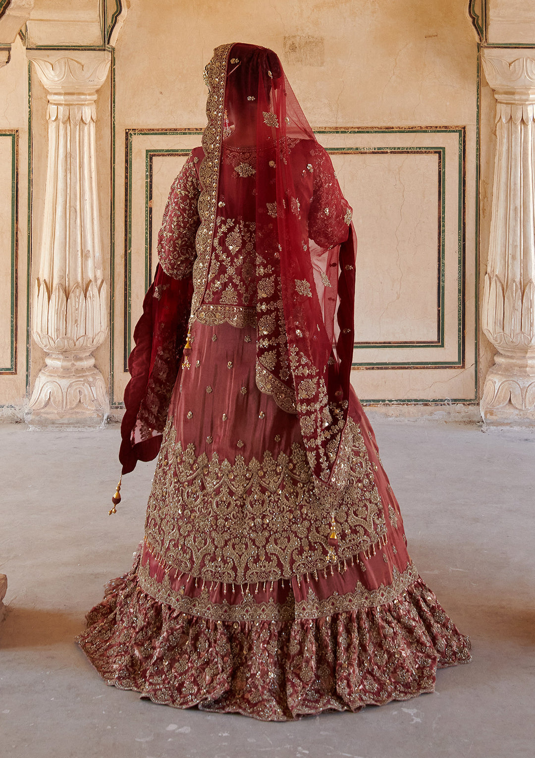 Maroon Stonework (Gold) Tissue Readymade Lehenga