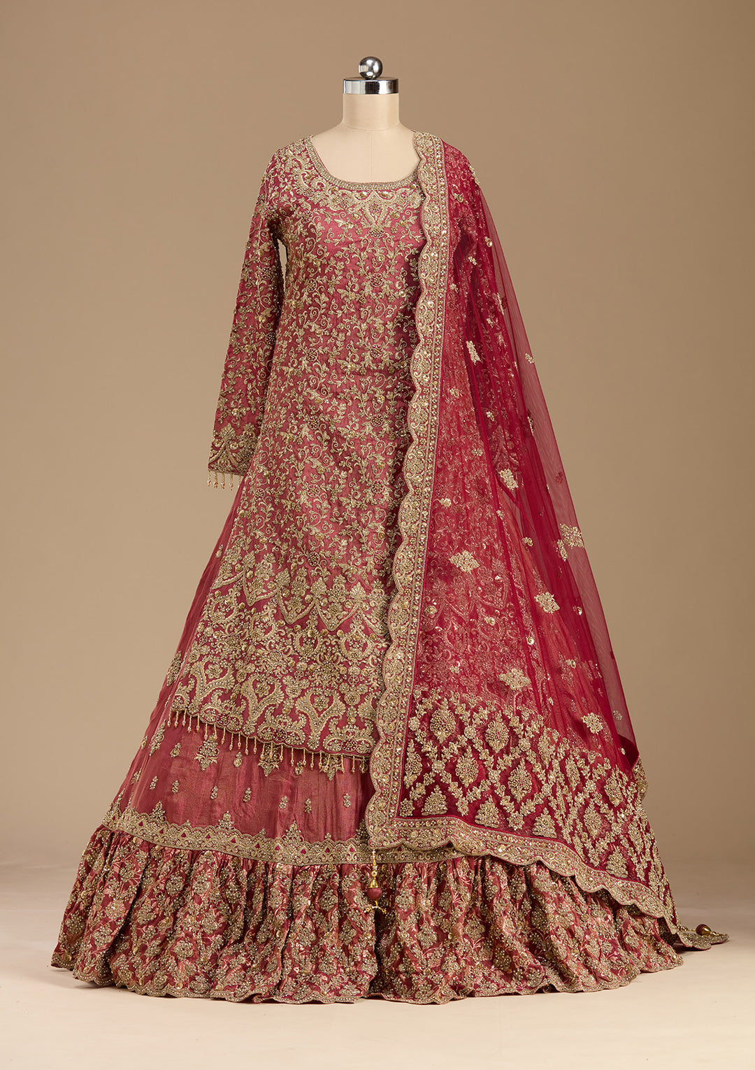 Maroon Stonework (Gold) Tissue Readymade Lehenga