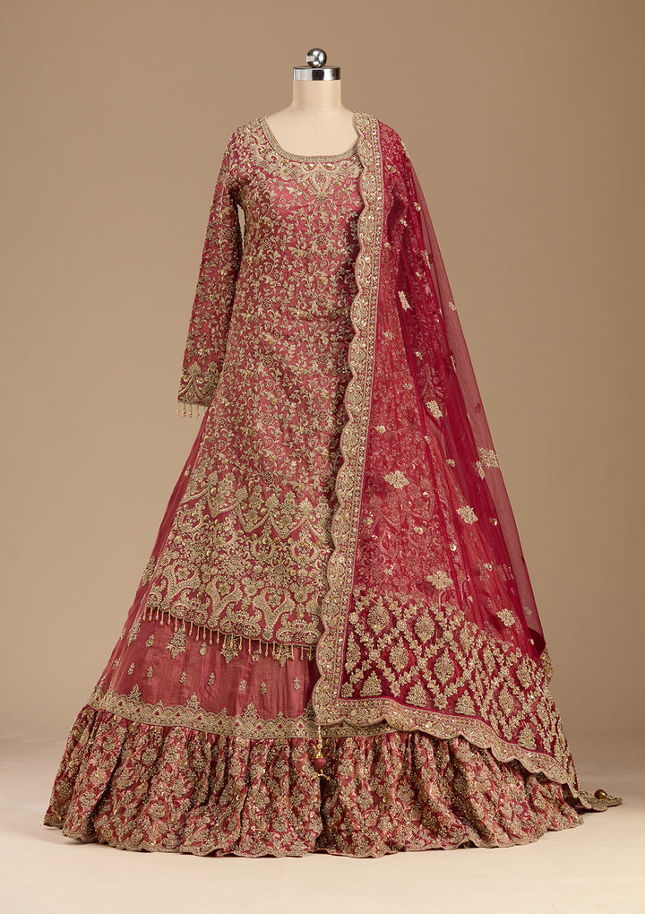 Maroon Stonework (Gold) Tissue Readymade Lehenga