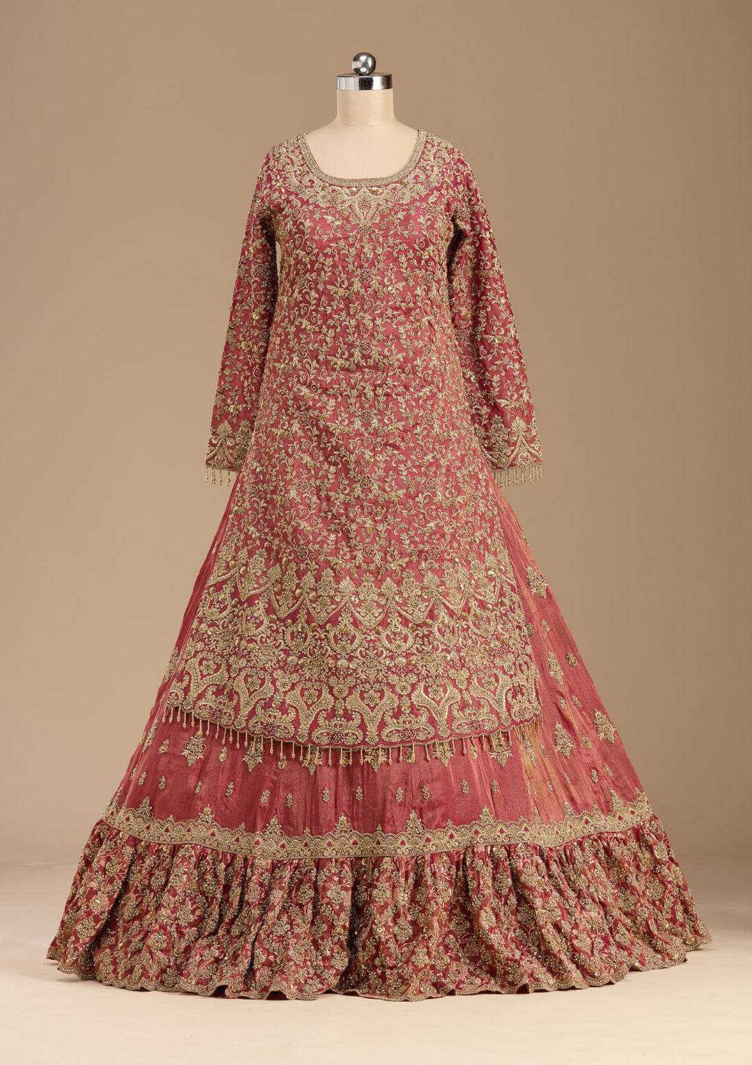 Maroon Stonework (Gold) Tissue Readymade Lehenga