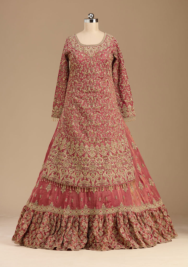 Maroon Stonework (Gold) Tissue Readymade Lehenga