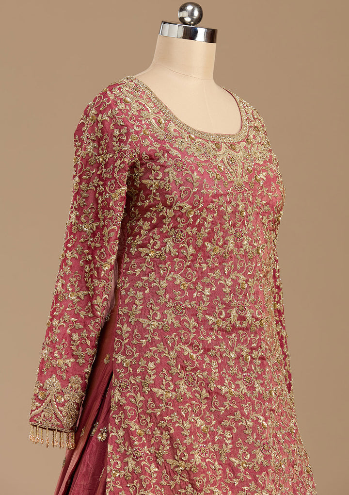 Maroon Stonework (Gold) Tissue Readymade Lehenga